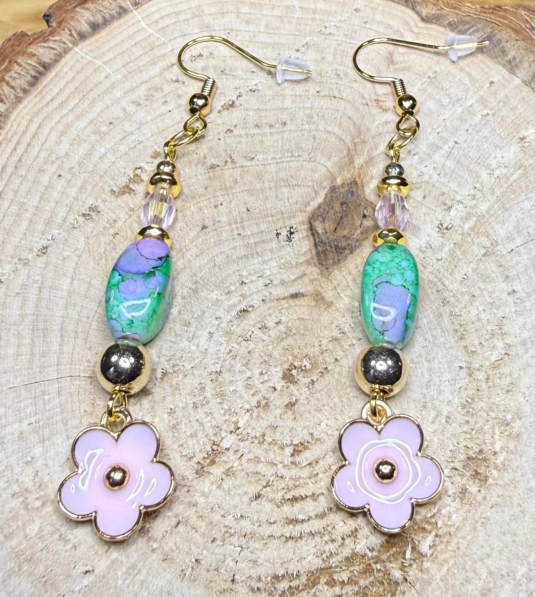 NEW Bandhani Style Green & Purple Rice Bead Earrings w/ Pink Flower Charm