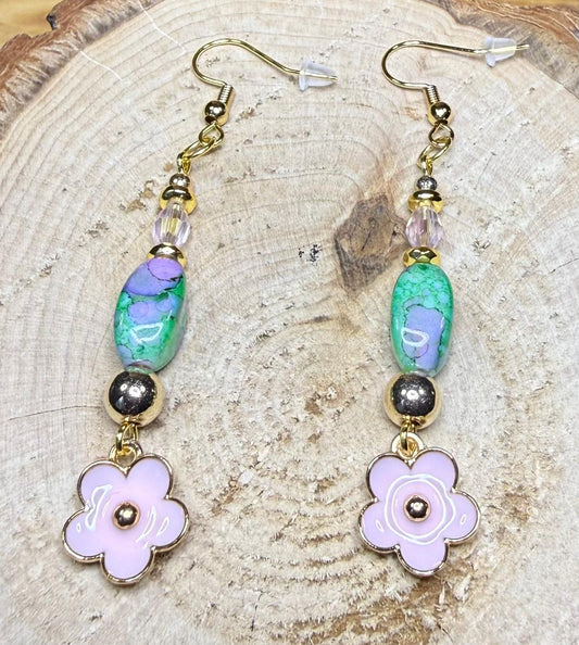 NEW Bandhani Style Green & Purple Rice Bead Earrings w/ Pink Flower Charm
