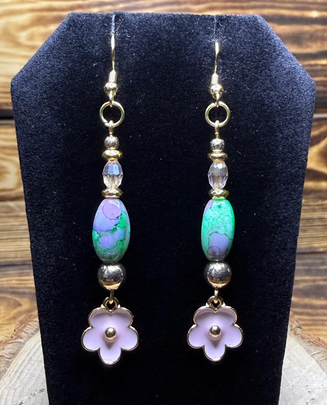 NEW Bandhani Style Green & Purple Rice Bead Earrings w/ Pink Flower Charm