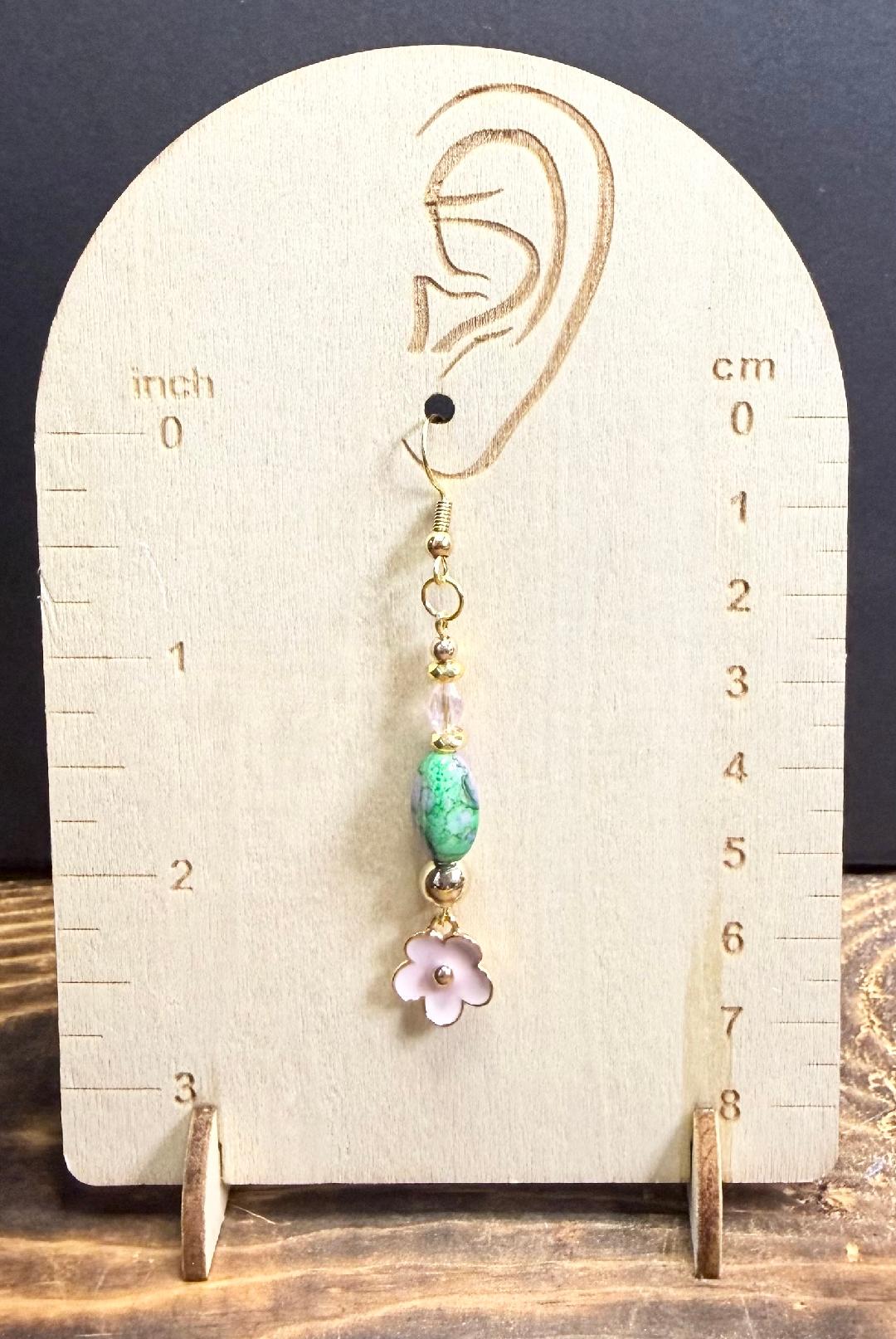 NEW Bandhani Style Green & Purple Rice Bead Earrings w/ Pink Flower Charm