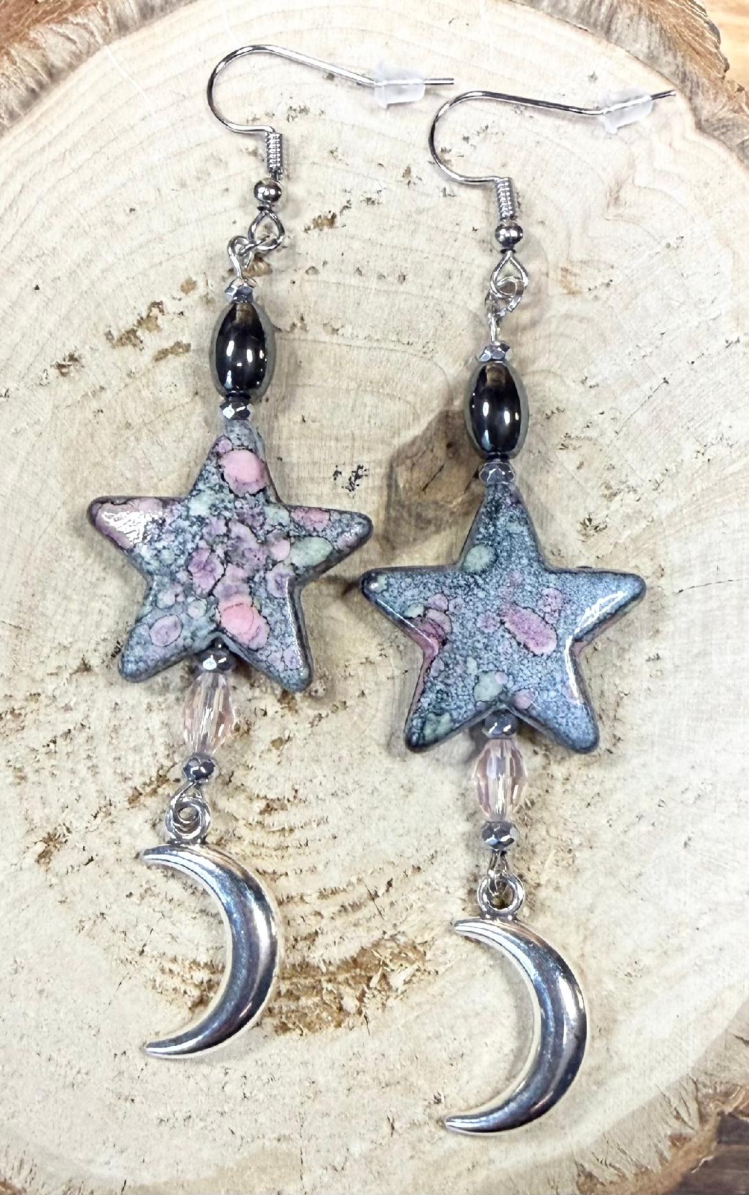 NEW Bandhani Style Star & Crescent Moon Earrings
