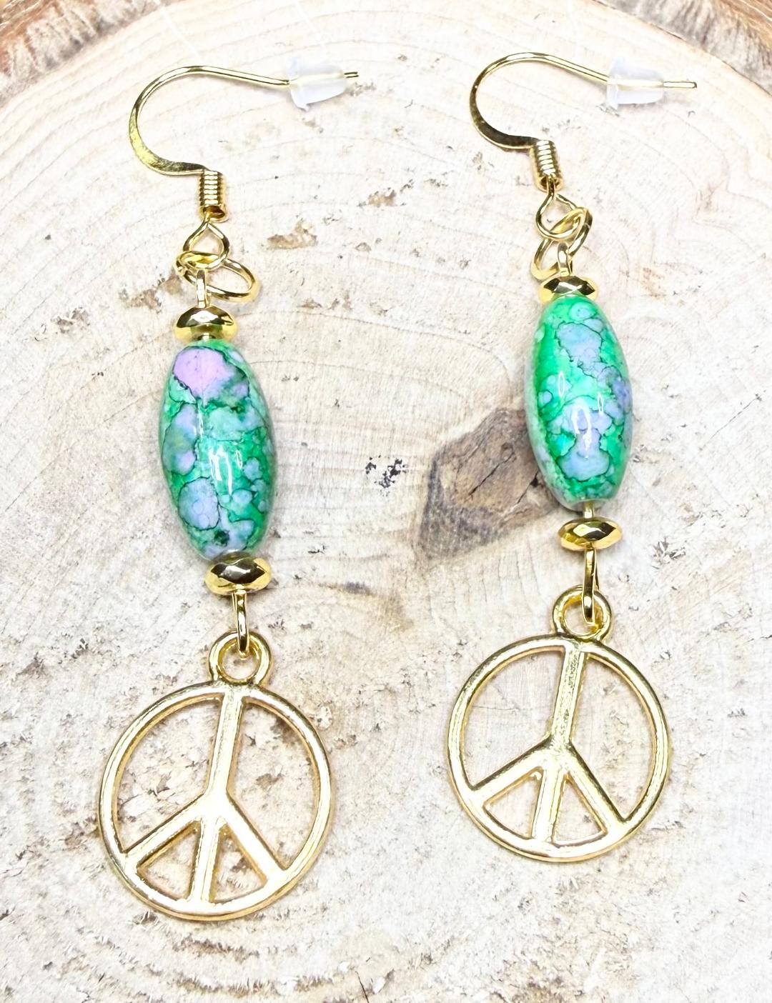NEW Bandhani Style Oval Rice Bead Earrings w/ Peace Sign Charm