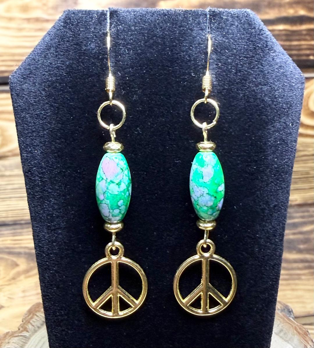 NEW Bandhani Style Oval Rice Bead Earrings w/ Peace Sign Charm