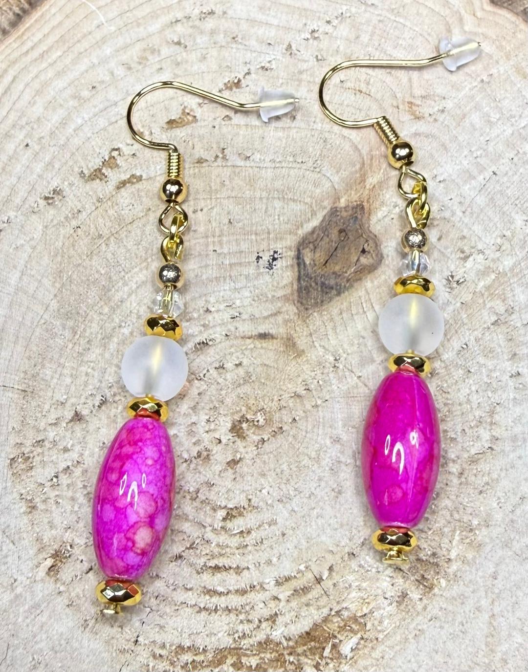 NEW Bandhani Style Hot Pink Oval Rice Bead Earrings w/ Frosted White Glass Beads