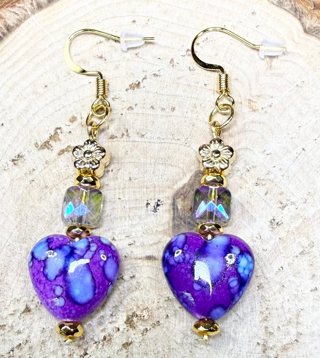 NEW Bandhani Style Painted Purple Heart Charm Earrings w/ Glass Beads
