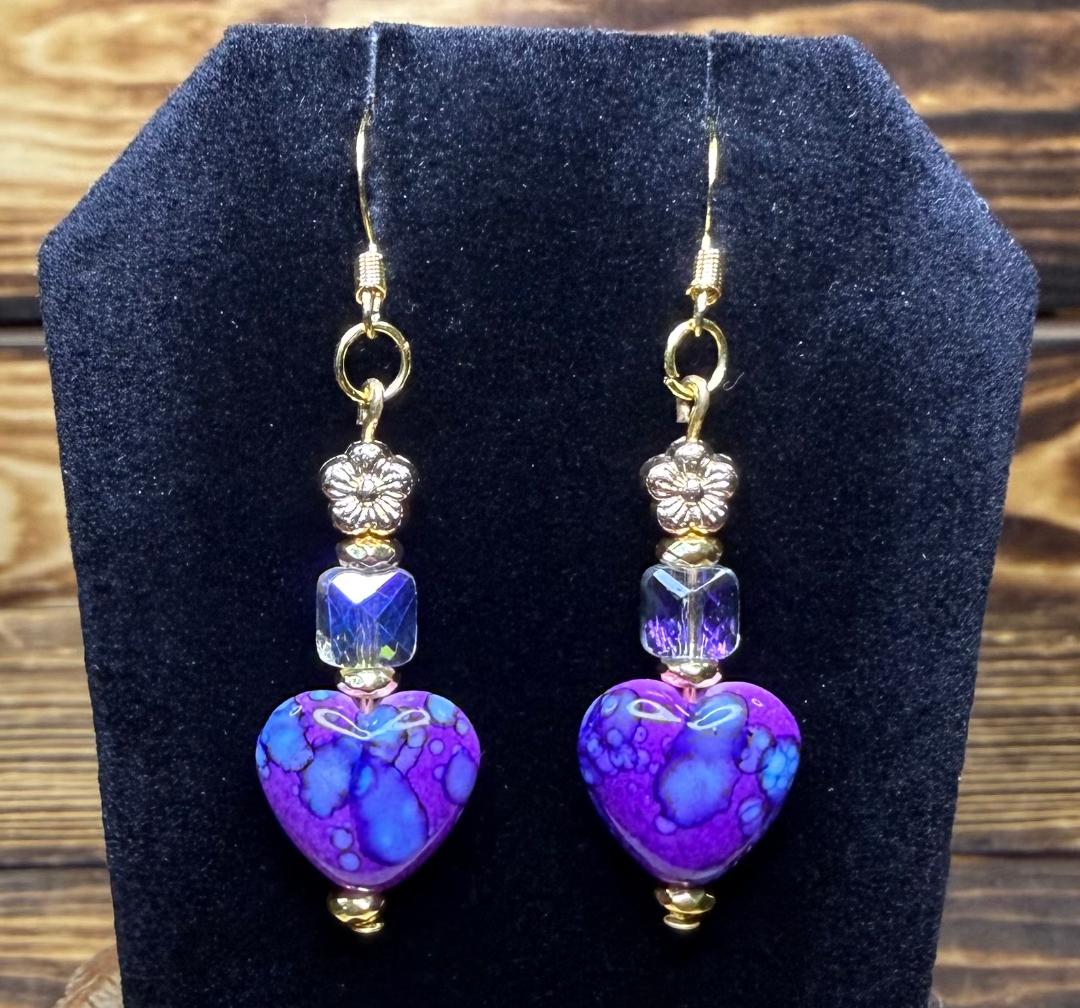 NEW Bandhani Style Painted Purple Heart Charm Earrings w/ Glass Beads