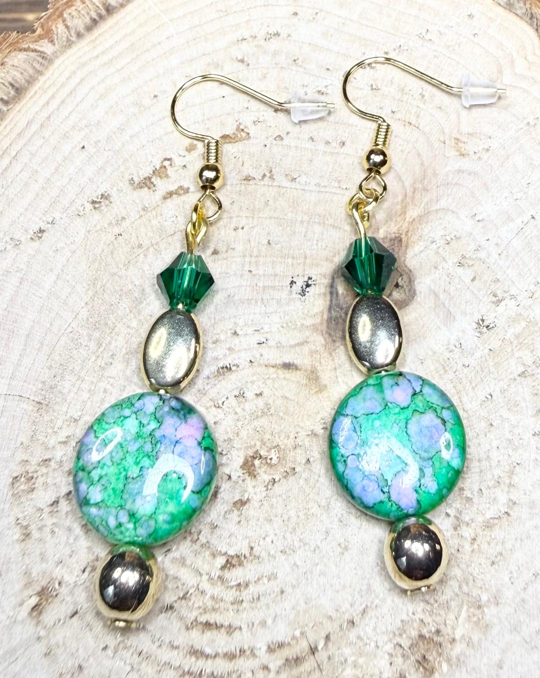NEW Bandhani Style Round Green Earrings w/ Glass Beads
