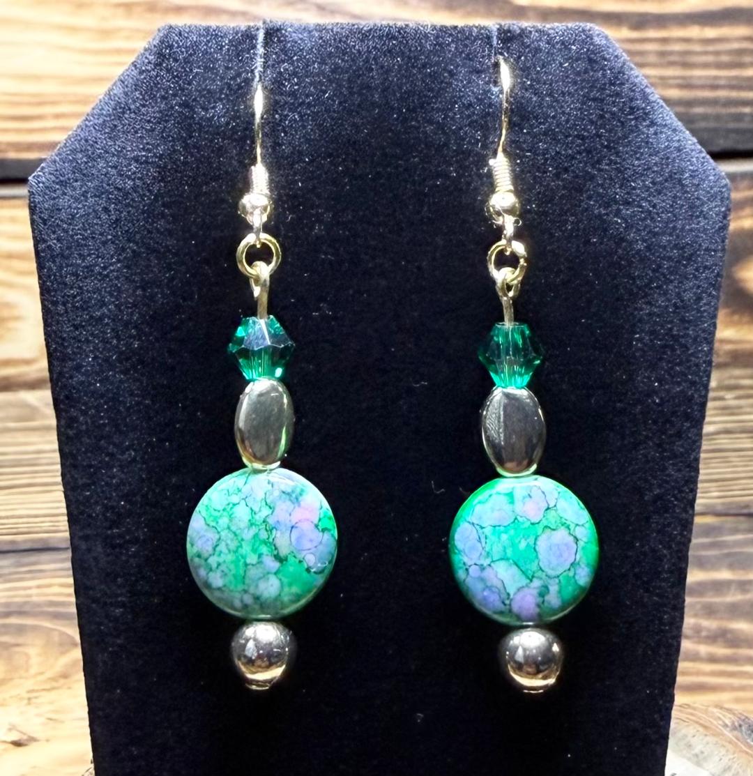 NEW Bandhani Style Round Green Earrings w/ Glass Beads