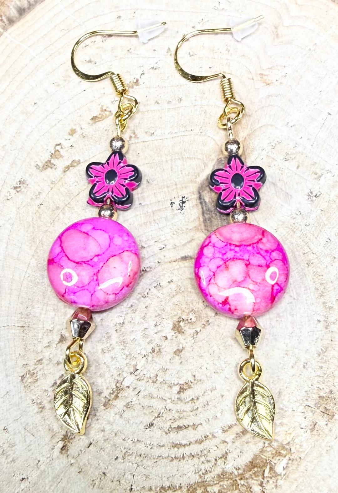 NEW Bandhani Style Hot Pink Round Earrings w/ Flower Bead & Leaf Charms