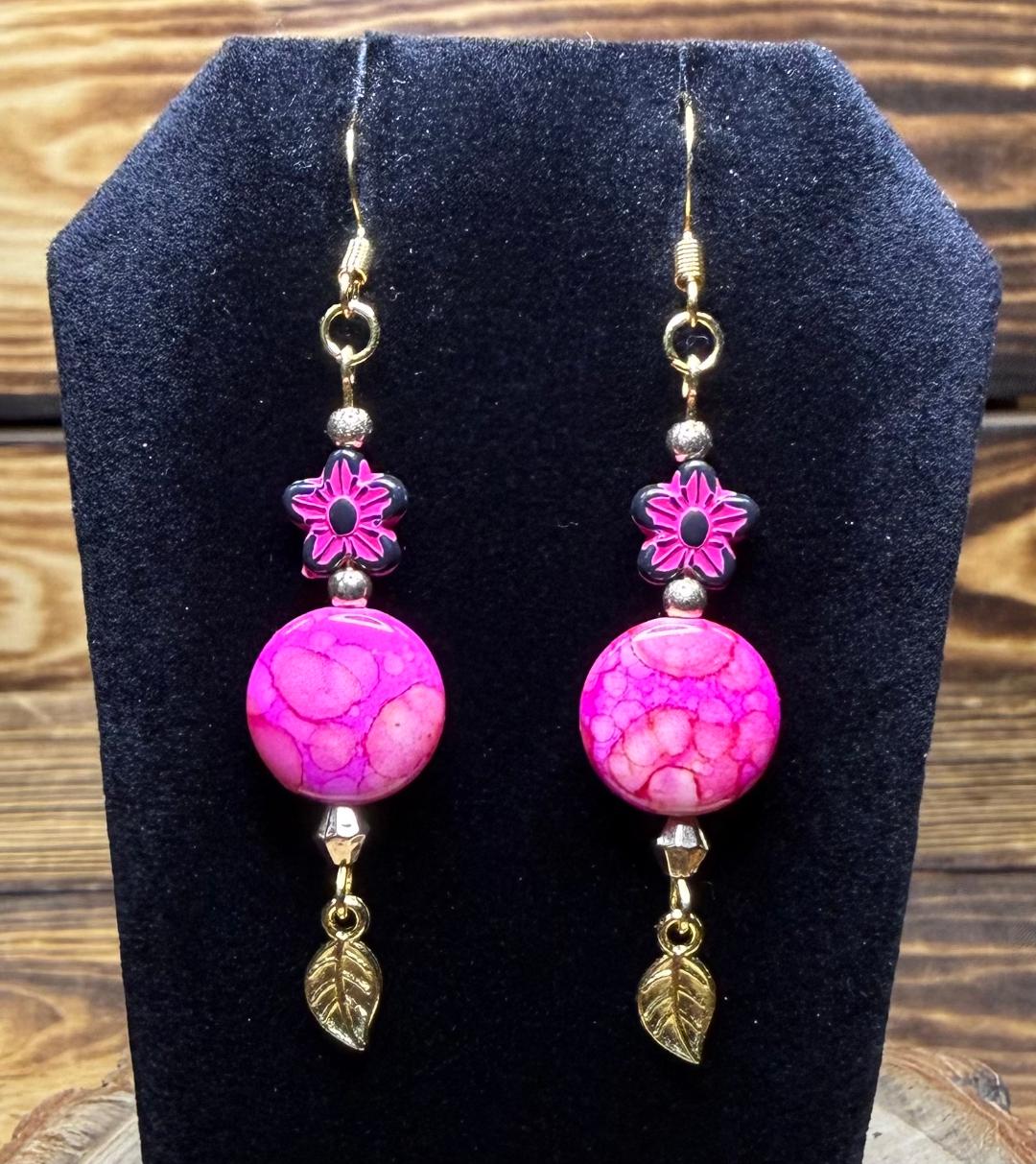 NEW Bandhani Style Hot Pink Round Earrings w/ Flower Bead & Leaf Charms