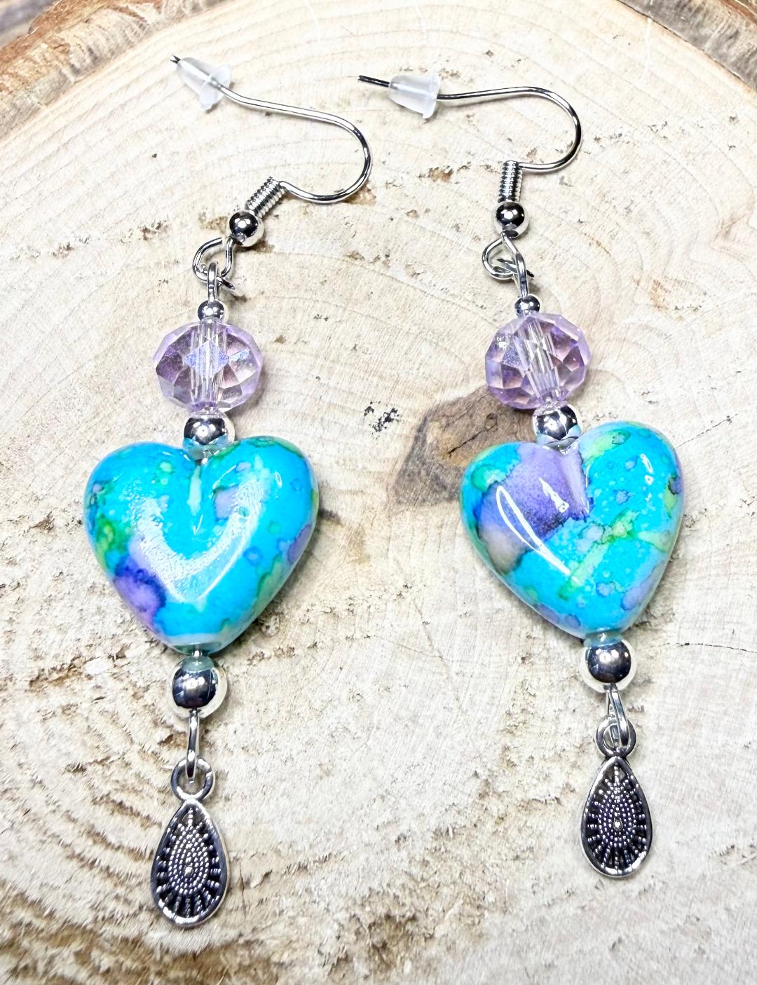 NEW Bandhani Style Painted Teal Blue Heart Charm Earrings
