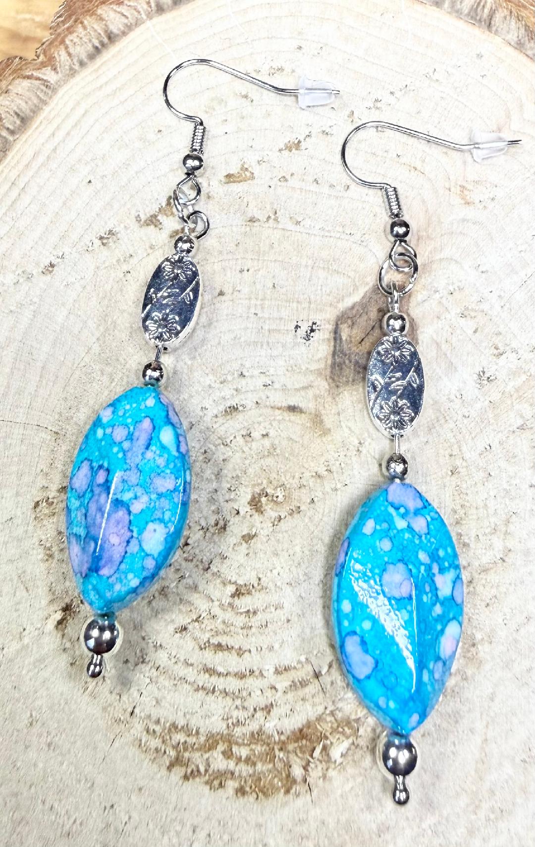 NEW Bandhani Style Teal & Pink Oval Bead Earrings w/ Etched Floral Bead