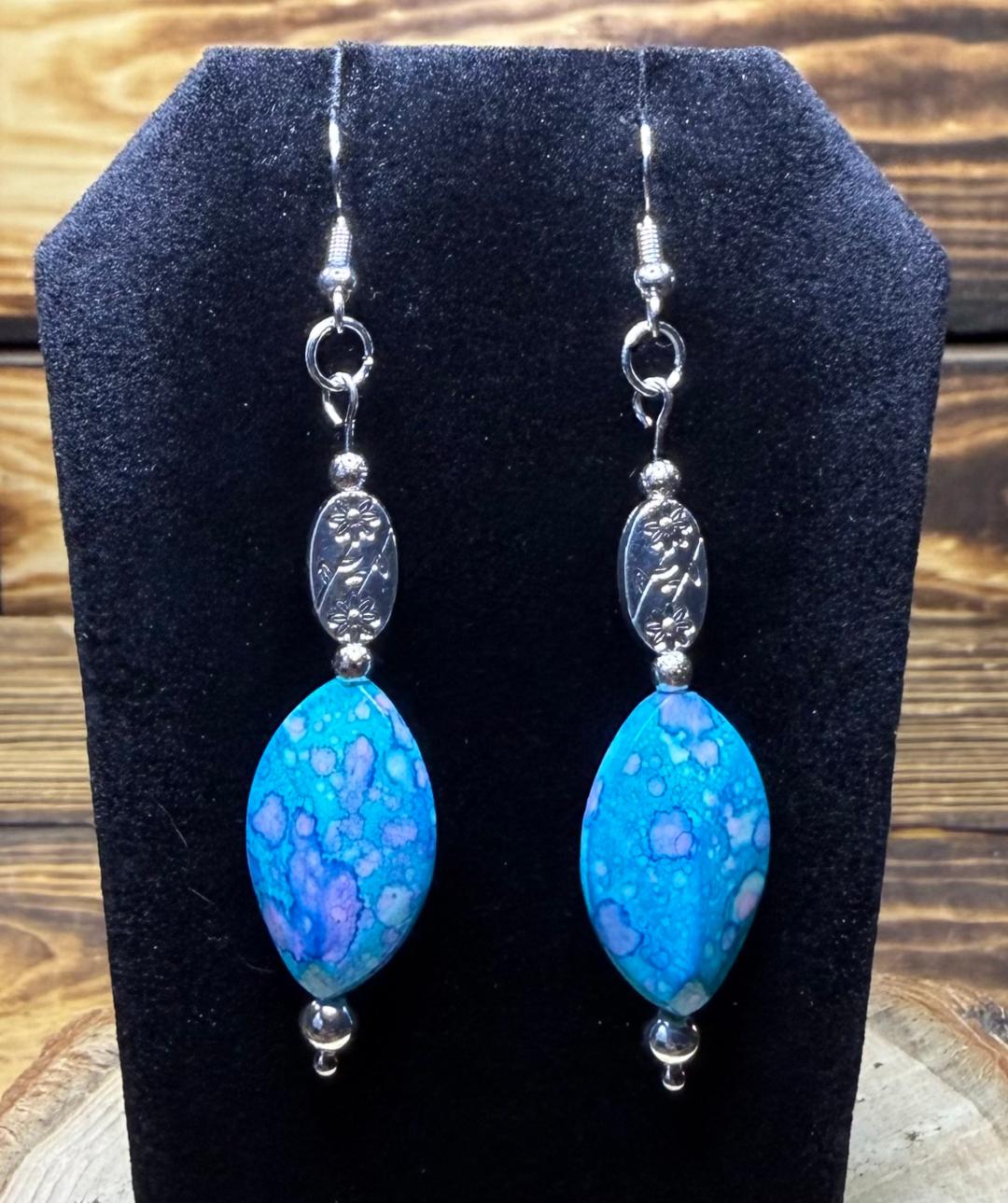 NEW Bandhani Style Teal & Pink Oval Bead Earrings w/ Etched Floral Bead