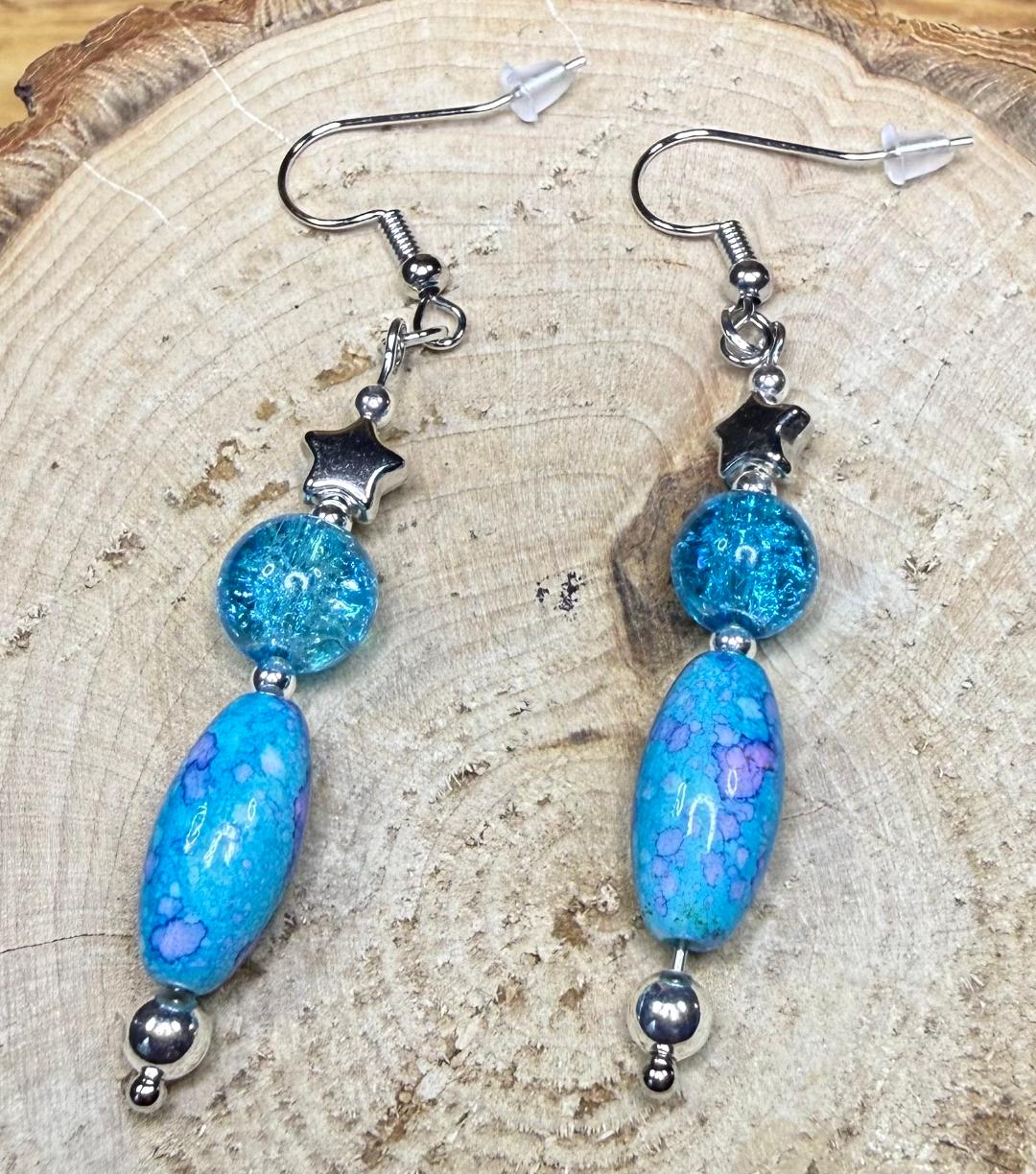 NEW Bandhani Style Teal Blue Oval Rice Bead w/ Glass Beads & Stars