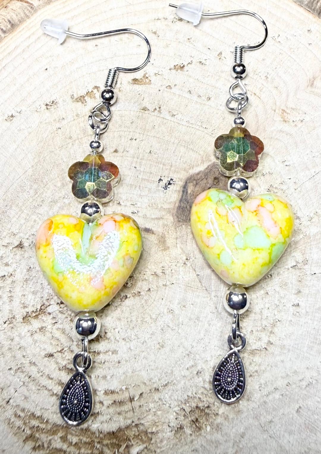 NEW Bandhani Style Painted Yellow Heart Charm Earrings