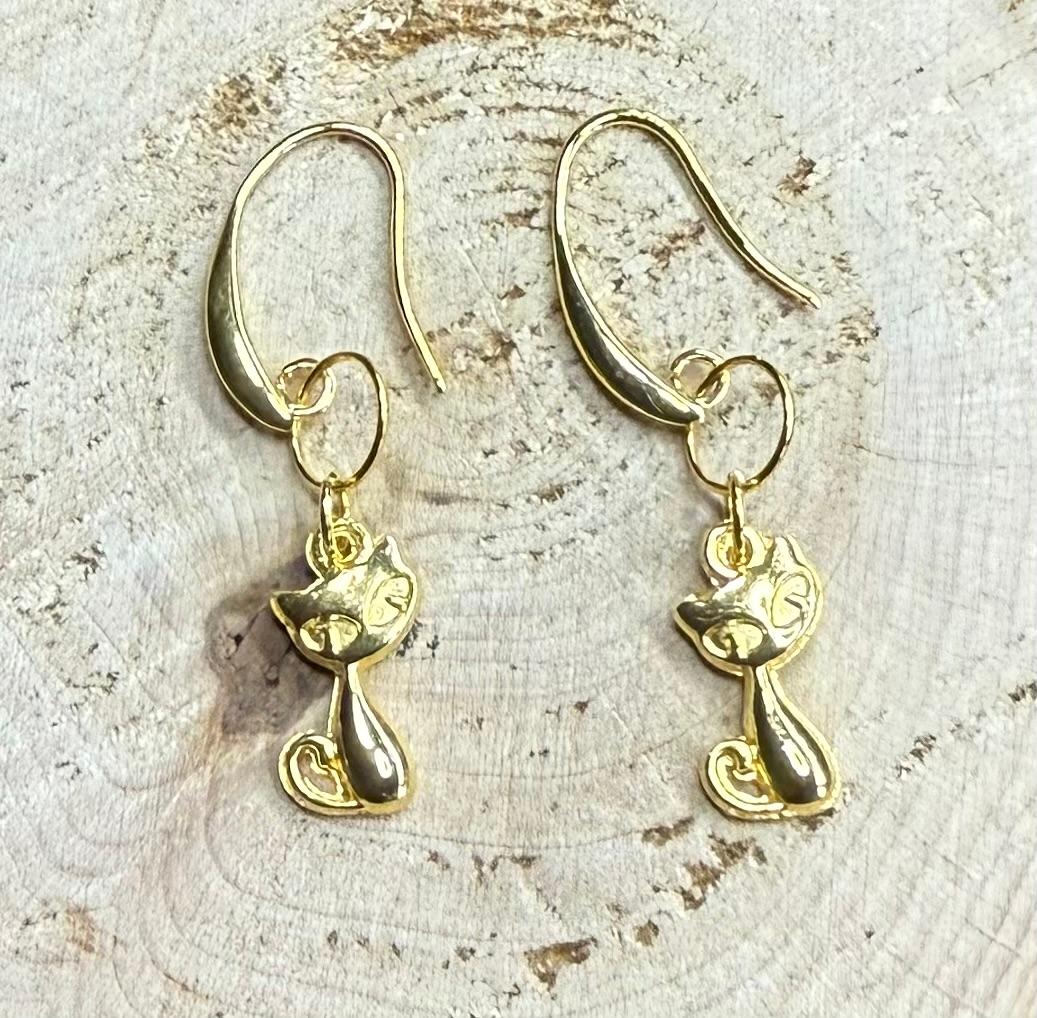NEW Gold Tone Retro Atomic Cat Charm Dangle Earrings