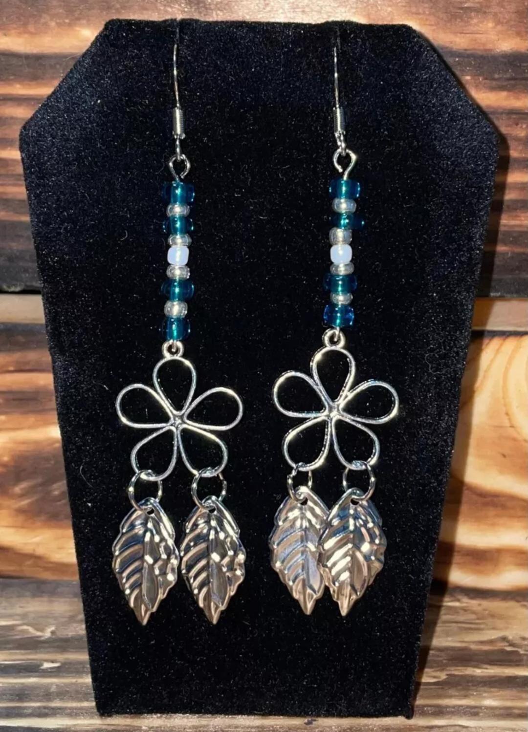 NEW Boho Silver Tone Flowers, Leaves, Beads, Extra Long Dangle Drop Earrings