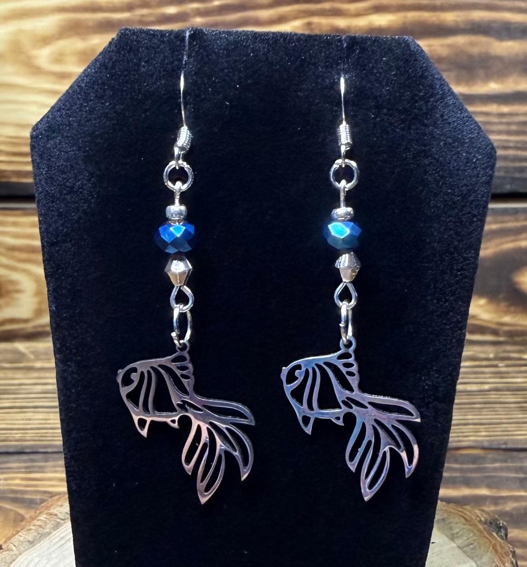 NEW Hollow Stainless Steel Beta Fish Earrings w/ Royal Blue Beads
