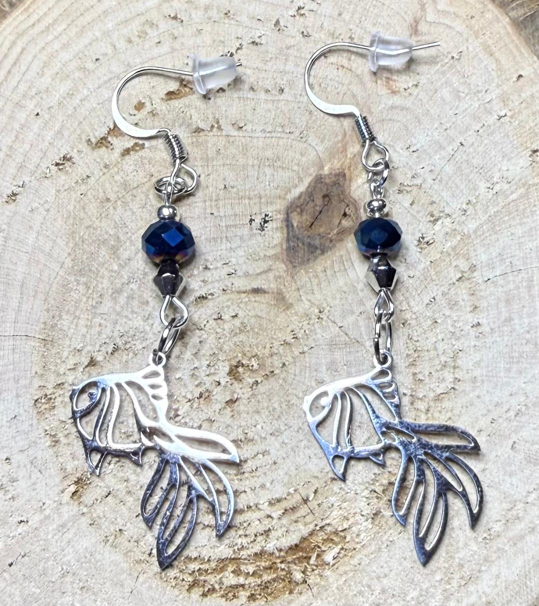 NEW Hollow Stainless Steel Beta Fish Earrings w/ Royal Blue Beads