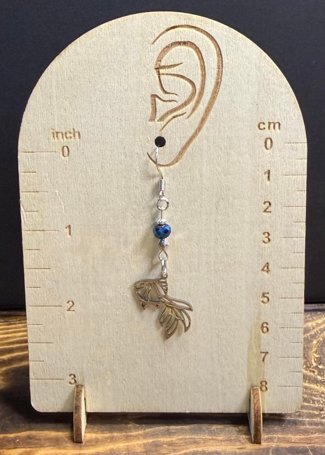 NEW Hollow Stainless Steel Beta Fish Earrings w/ Royal Blue Beads