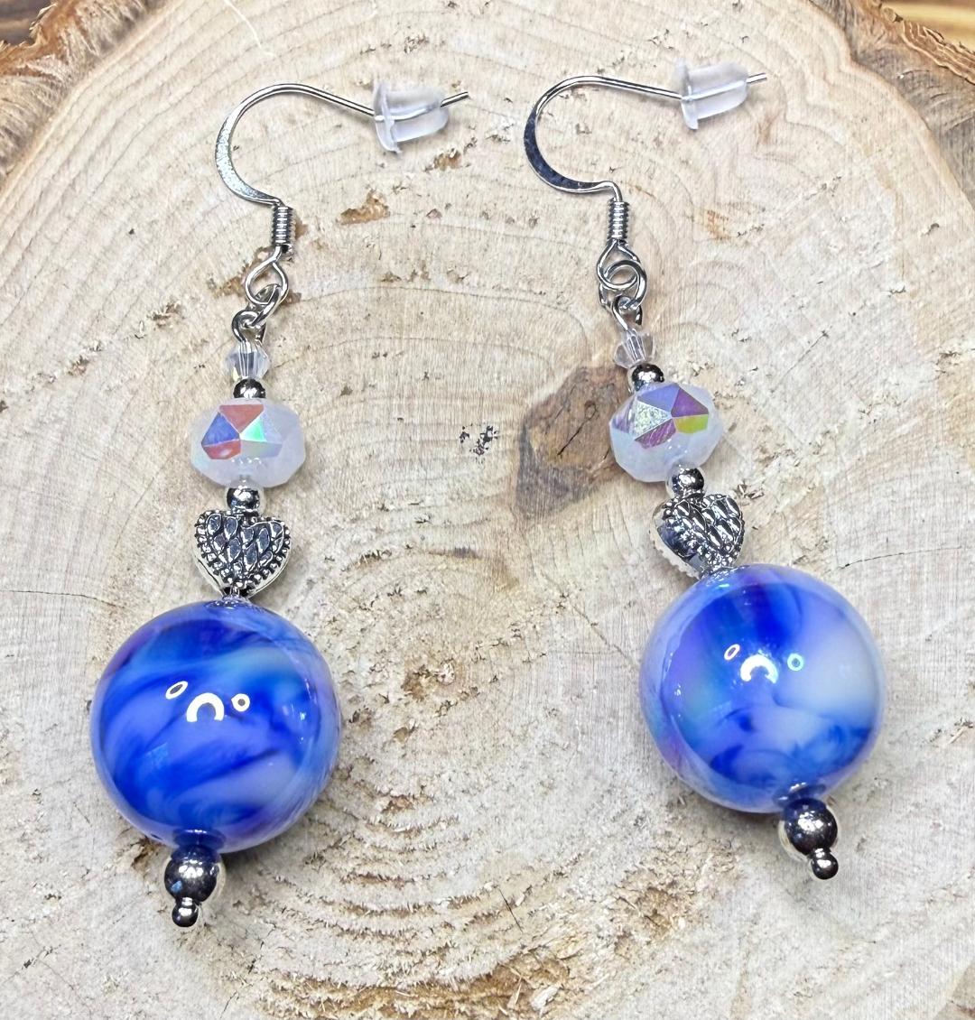NEW Blue & White Tie Dye Round Ball Earrings w/ Heart Beads