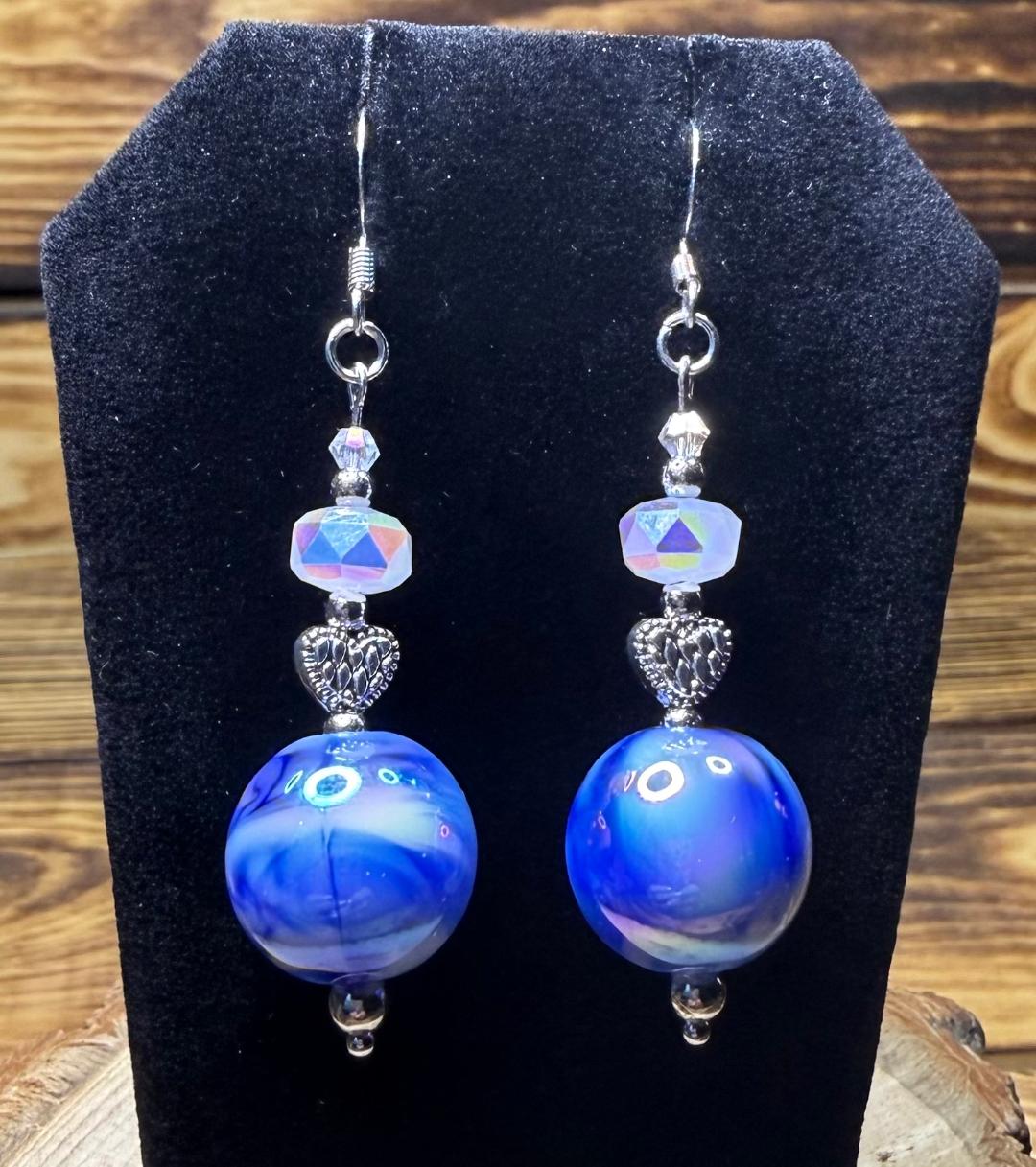 NEW Blue & White Tie Dye Round Ball Earrings w/ Heart Beads