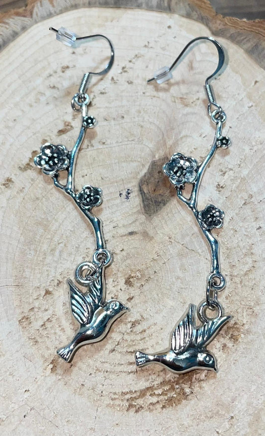 NEW Bird & Flower Branch Dangle Drop Earrings