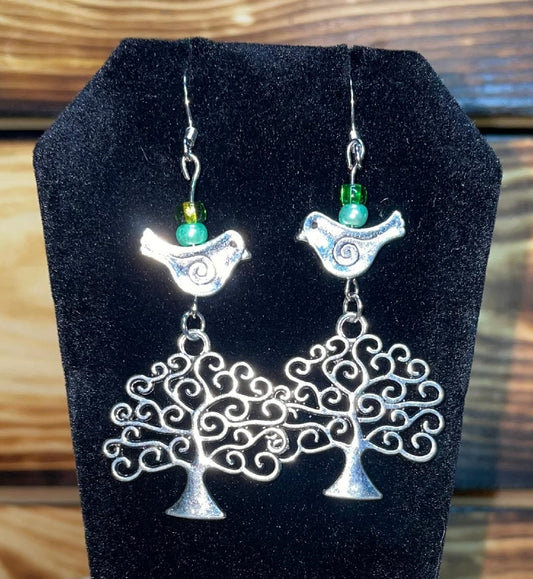 NEW Beads, Birds & Trees Silver Tone Dangle Earrings