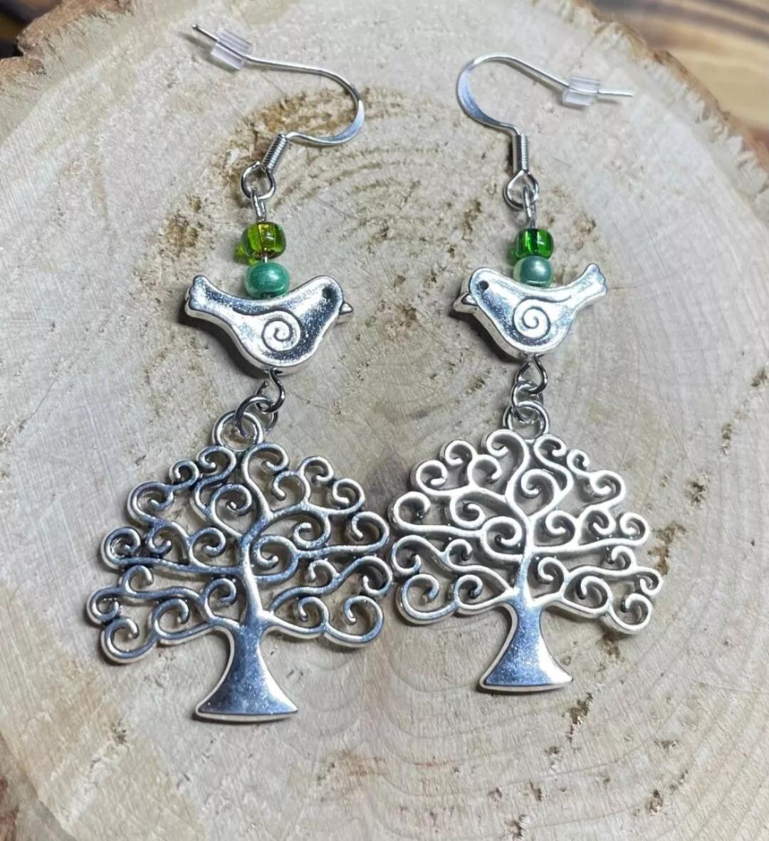 NEW Beads, Birds & Trees Silver Tone Dangle Earrings