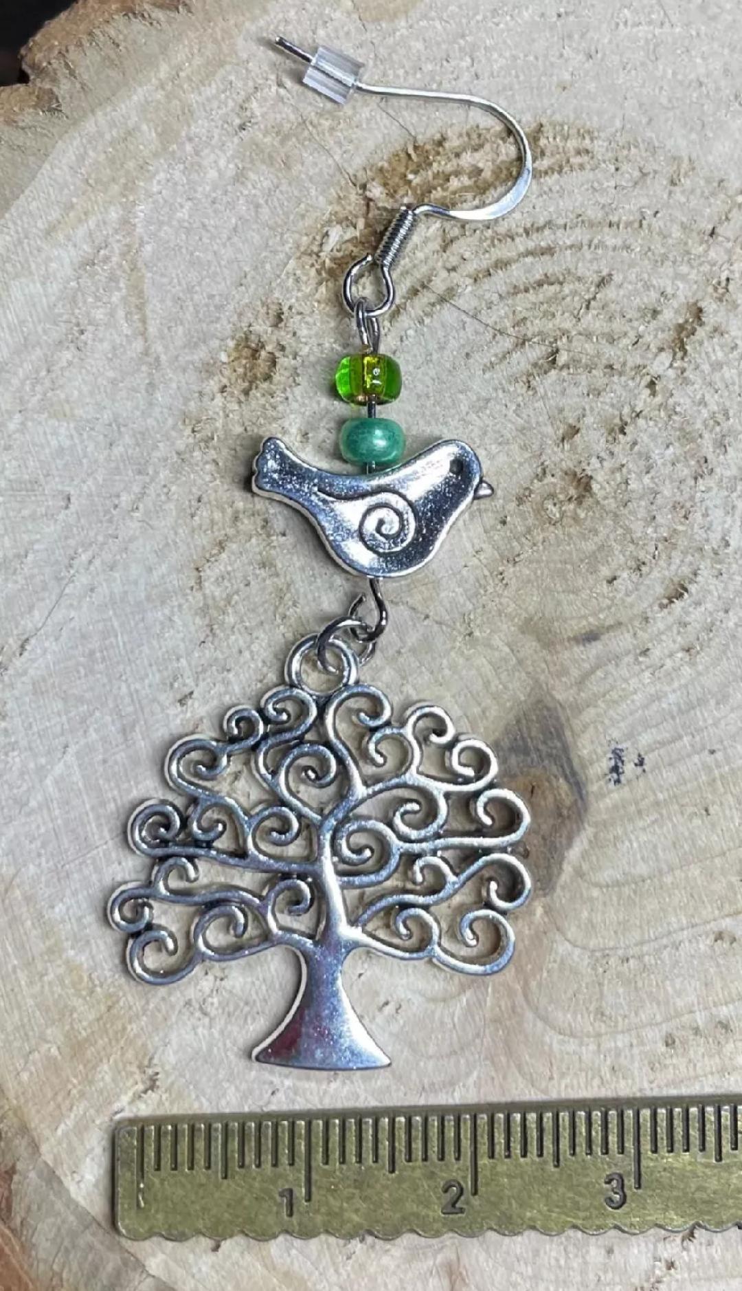 NEW Beads, Birds & Trees Silver Tone Dangle Earrings