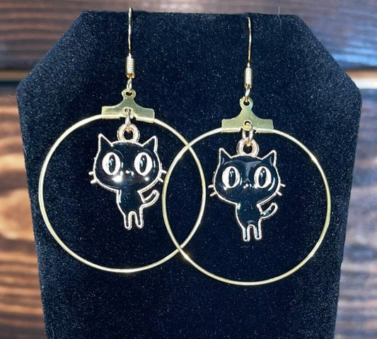 NEW Retro Atomic Cat Black Enamel Gold Hoop Earrings