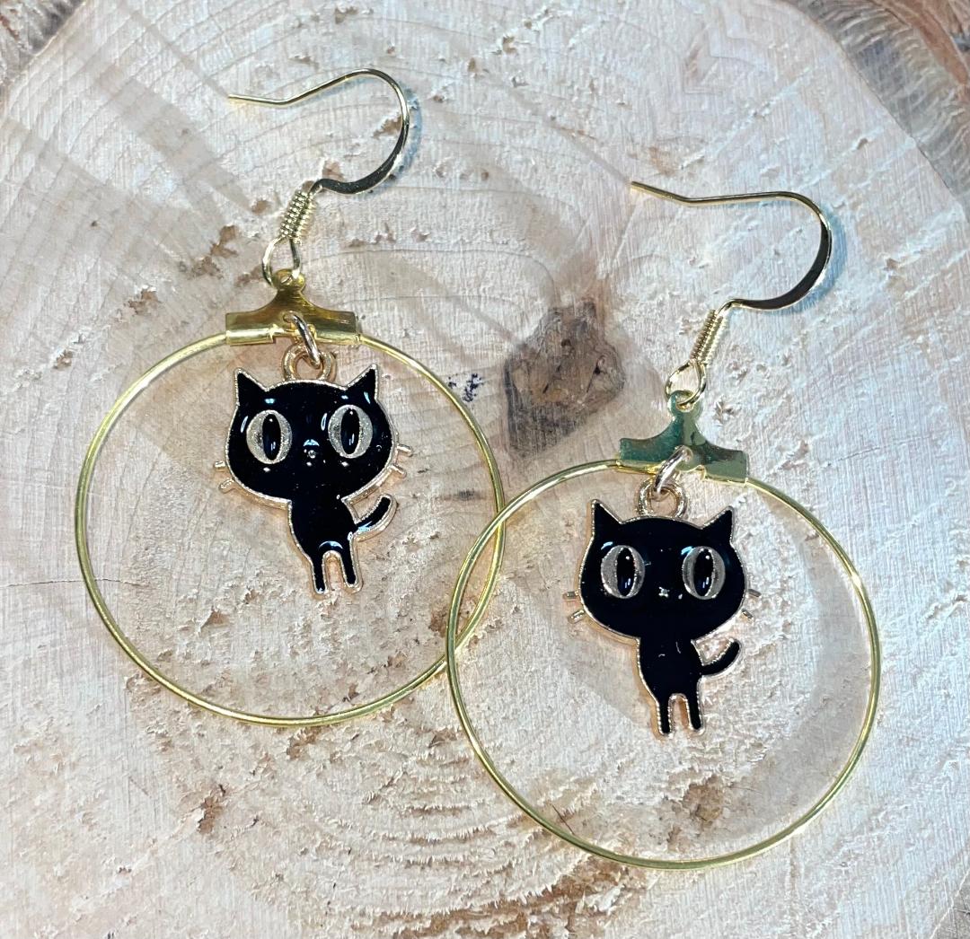 NEW Retro Atomic Cat Black Enamel Gold Hoop Earrings