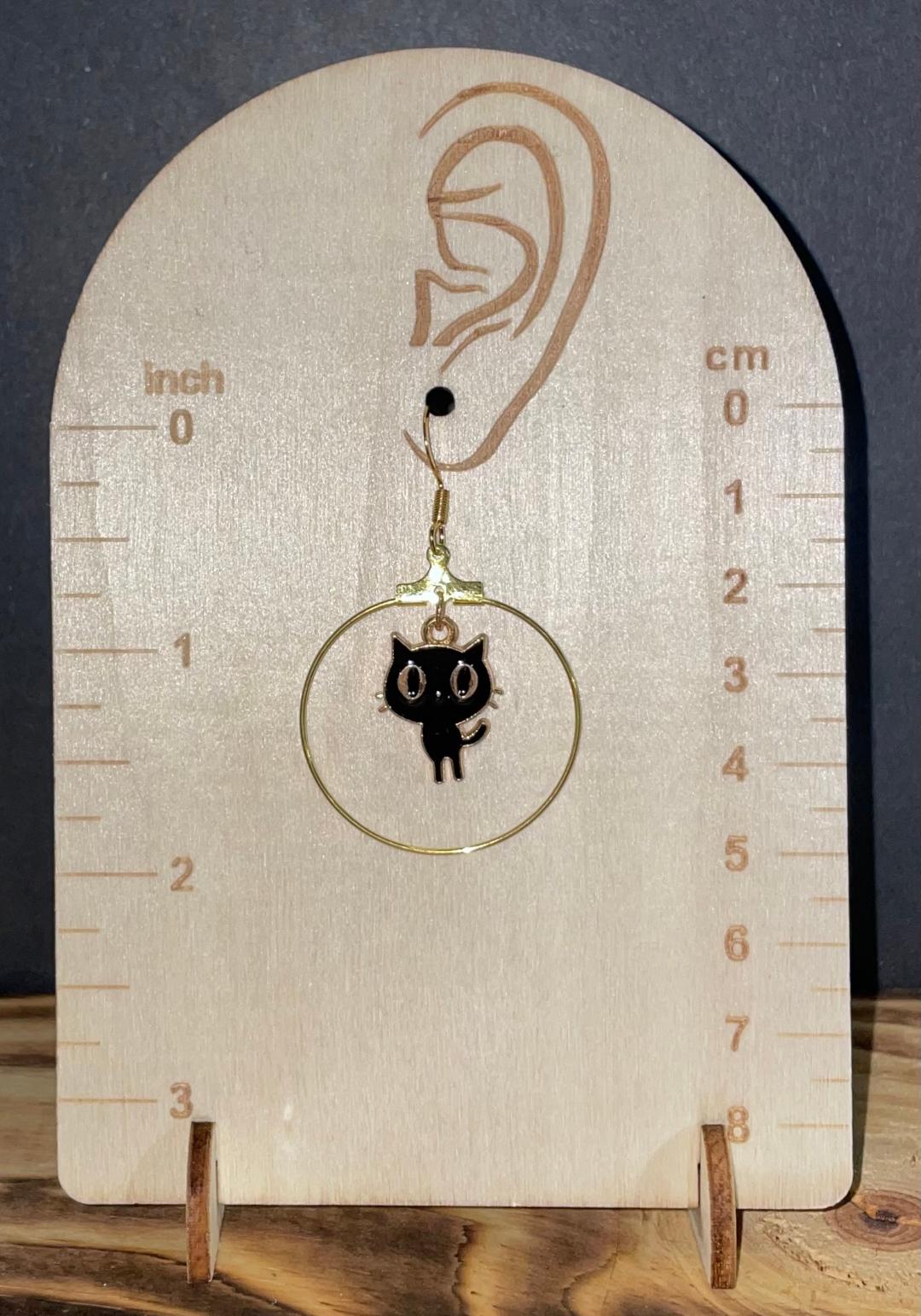 NEW Retro Atomic Cat Black Enamel Gold Hoop Earrings