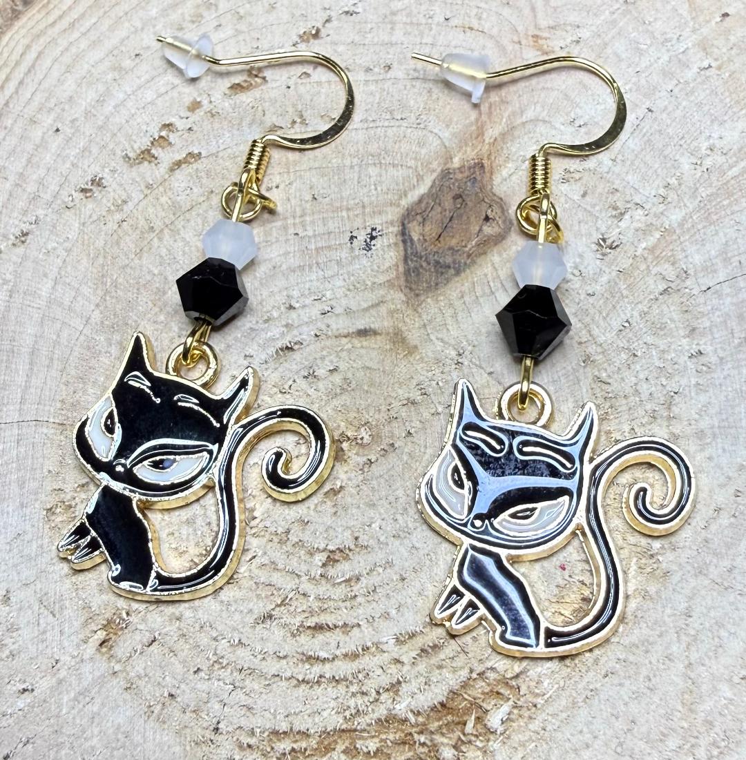 NEW Black Retro Atomic Sassy Cat Earrings w/ Black & White Glass Beads