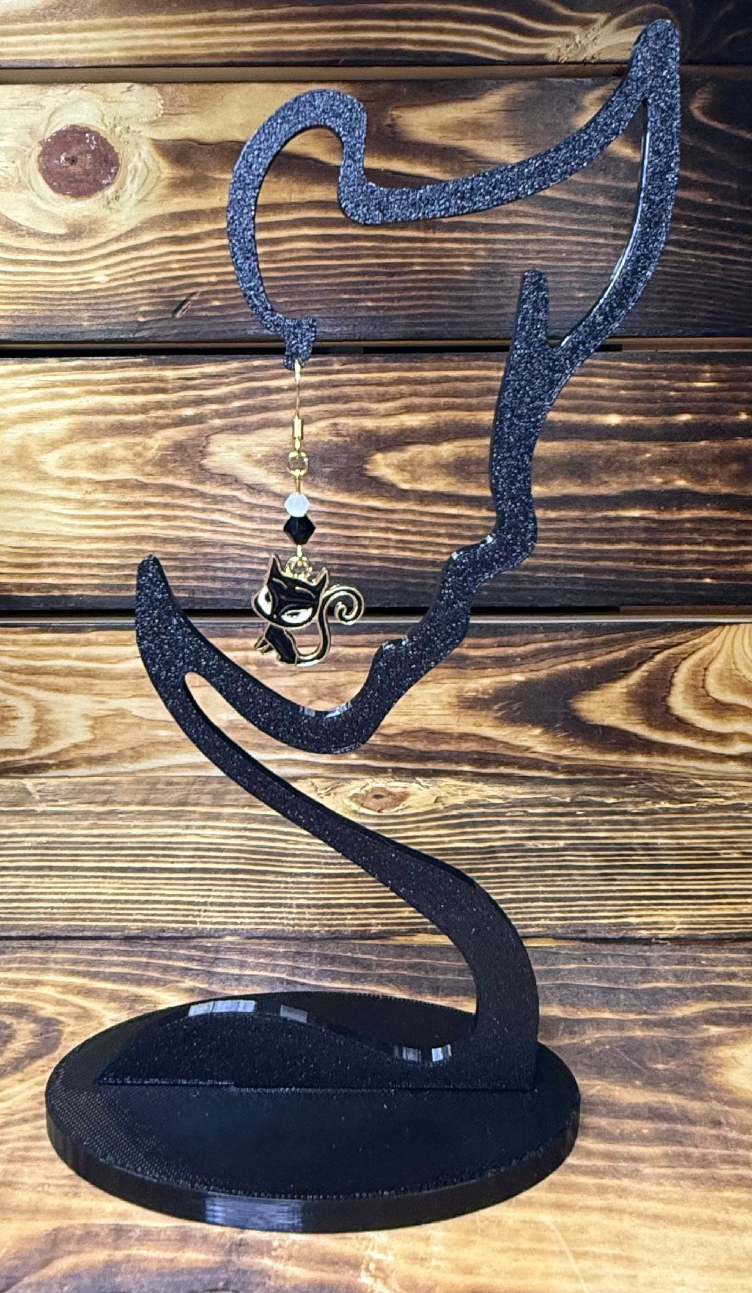 NEW Black Retro Atomic Sassy Cat Earrings w/ Black & White Glass Beads