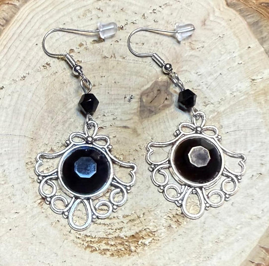 NEW Black Faceted Gem Center & Small Black Bead Earrings in Filigree Setting