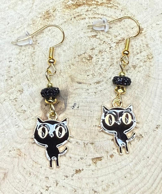 NEW Black Cartoon Atomic Cat Charm Earrings w/ Rhinestone Beads