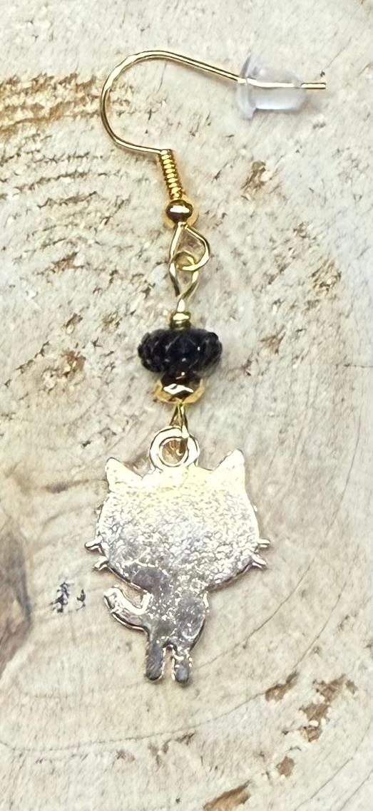 NEW Black Cartoon Atomic Cat Charm Earrings w/ Rhinestone Beads