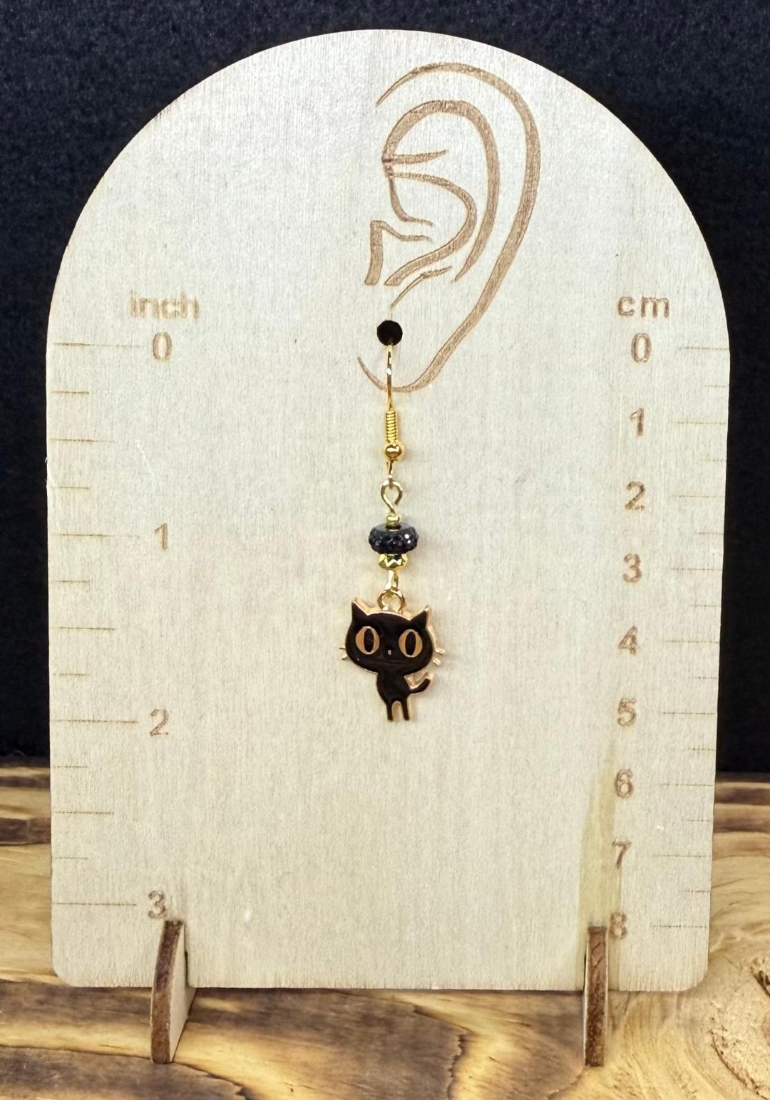 NEW Black Cartoon Atomic Cat Charm Earrings w/ Rhinestone Beads