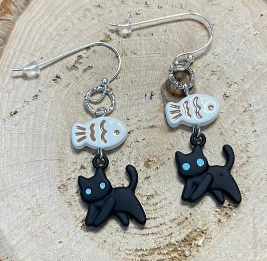 NEW Black Cat with Blue Eyes & Little Fish Earrings