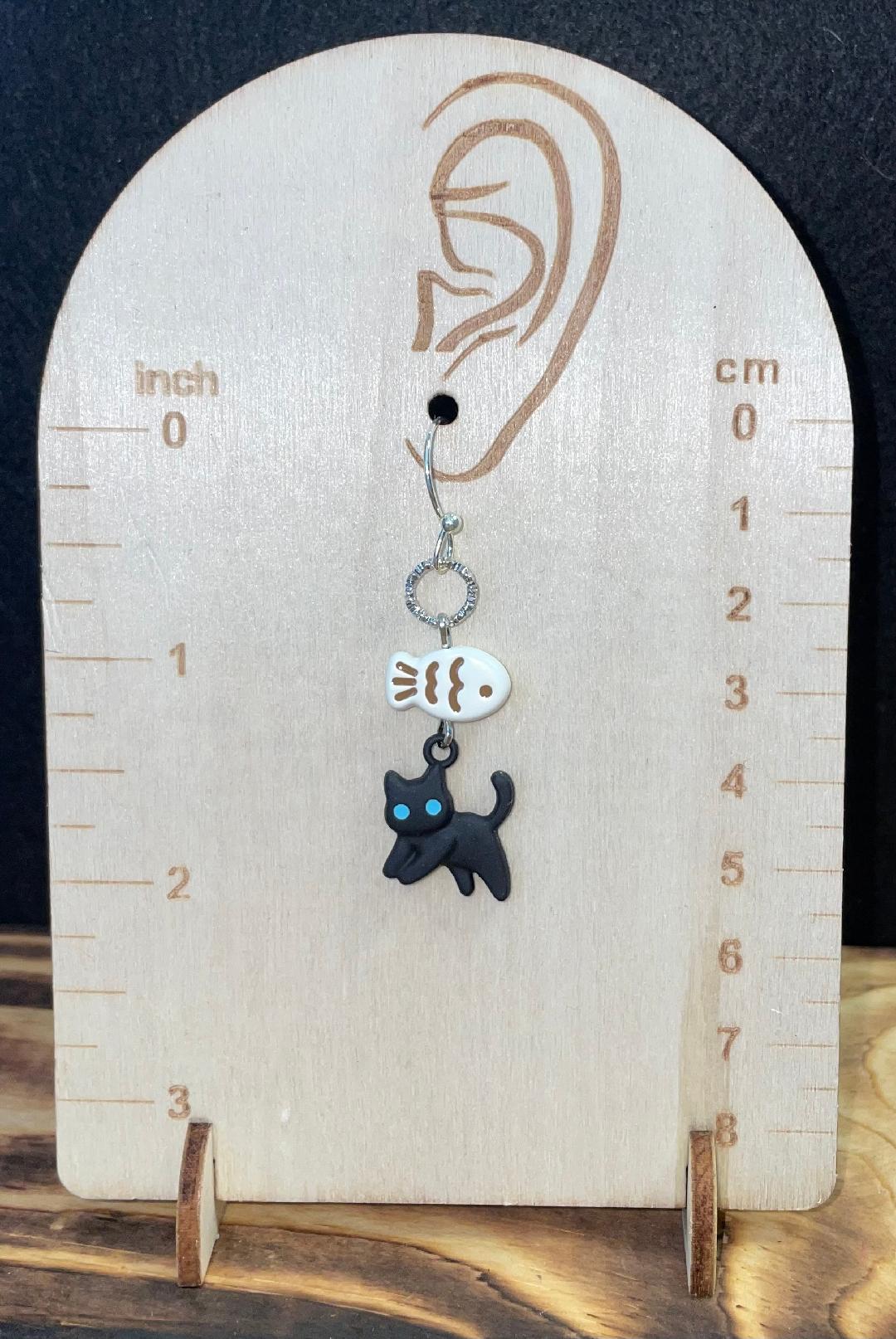 NEW Black Cat with Blue Eyes & Little Fish Earrings