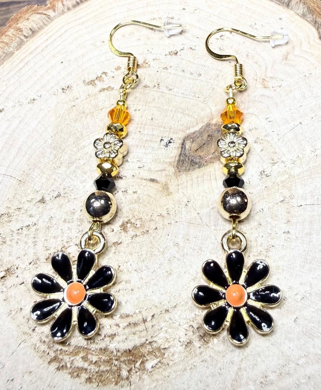 NEW Black Enamel Daisy Earring w/ Orange & Black Beads