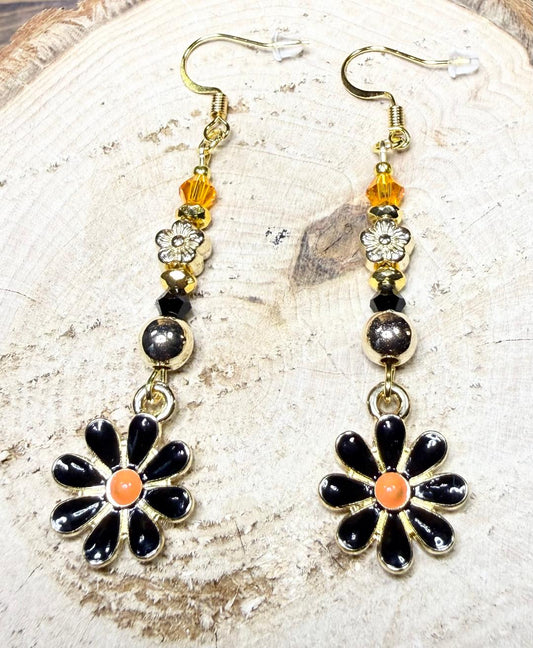 *NEW Black Enamel Daisy Earring w/ Orange & Black Beads