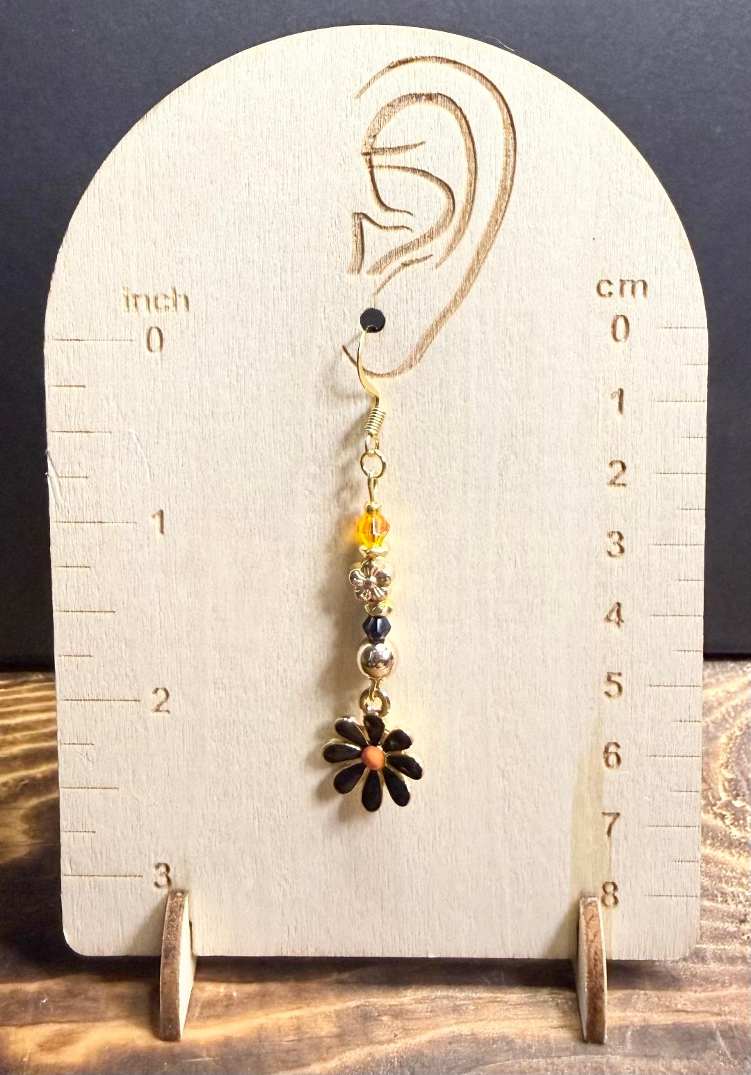 NEW Black Enamel Daisy Earring w/ Orange & Black Beads