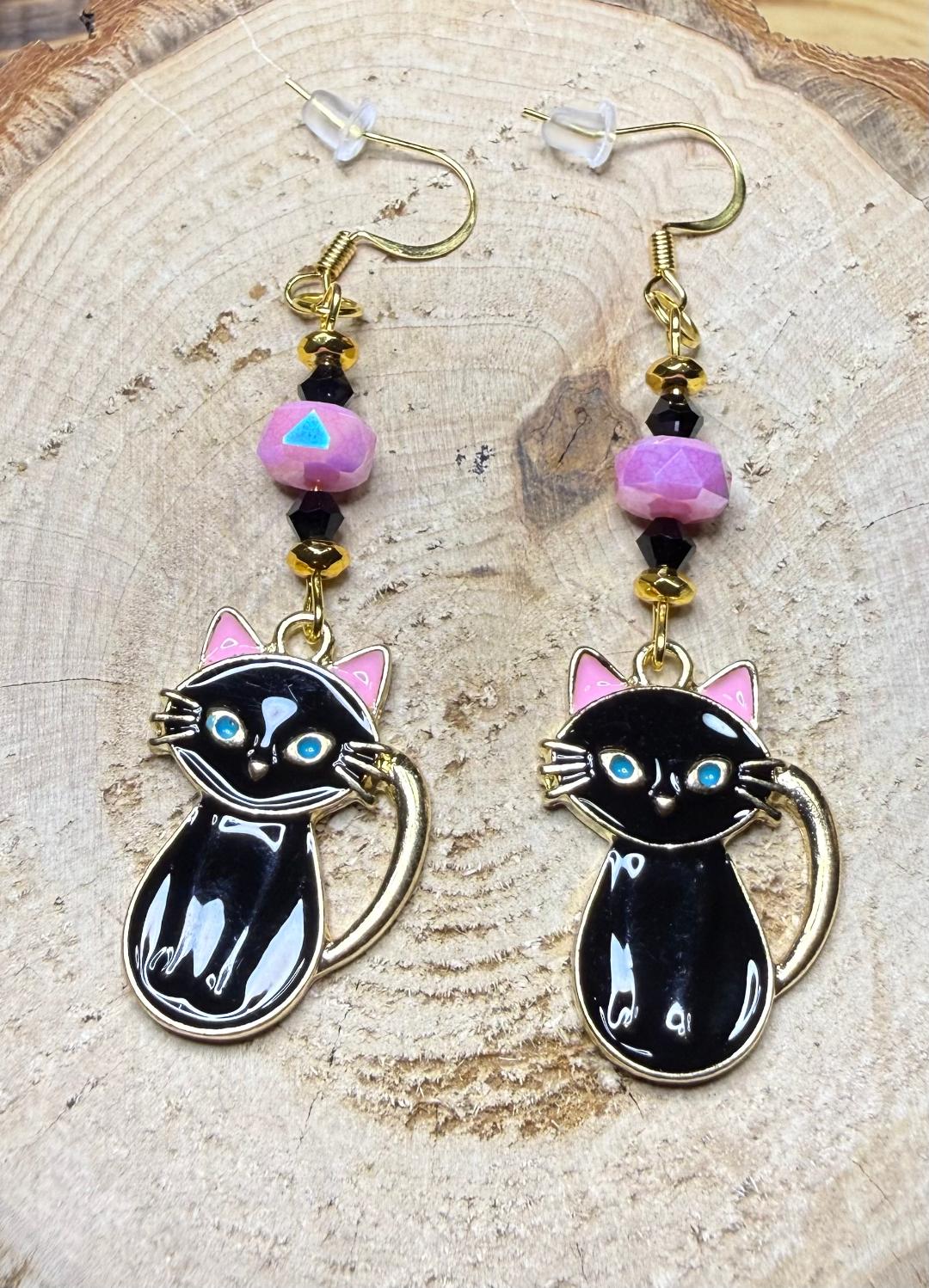 NEW Black Enamel Pink Ear Cat Earrings w/ Black & Pink Glass Beads