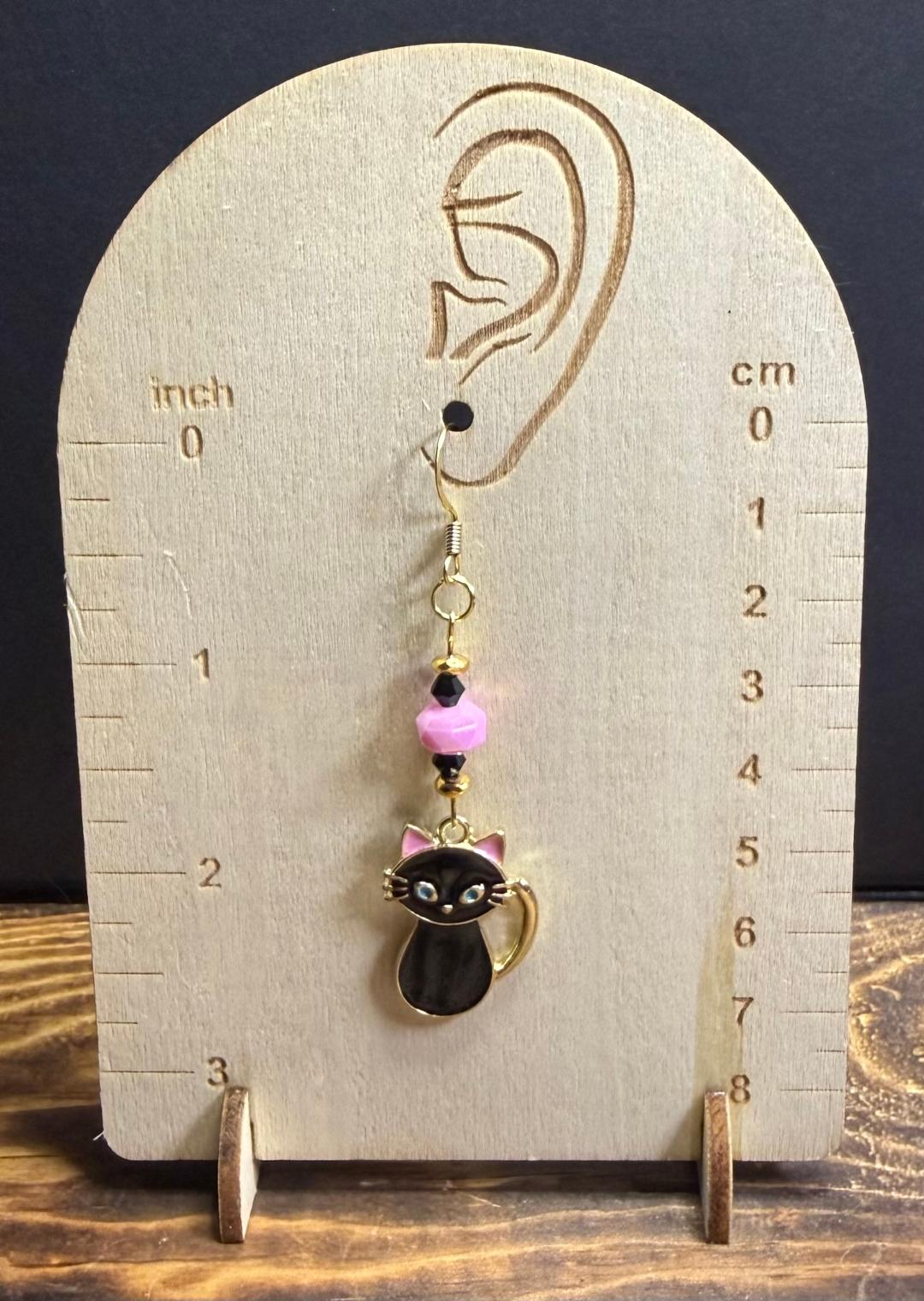 NEW Black Enamel Pink Ear Cat Earrings w/ Black & Pink Glass Beads