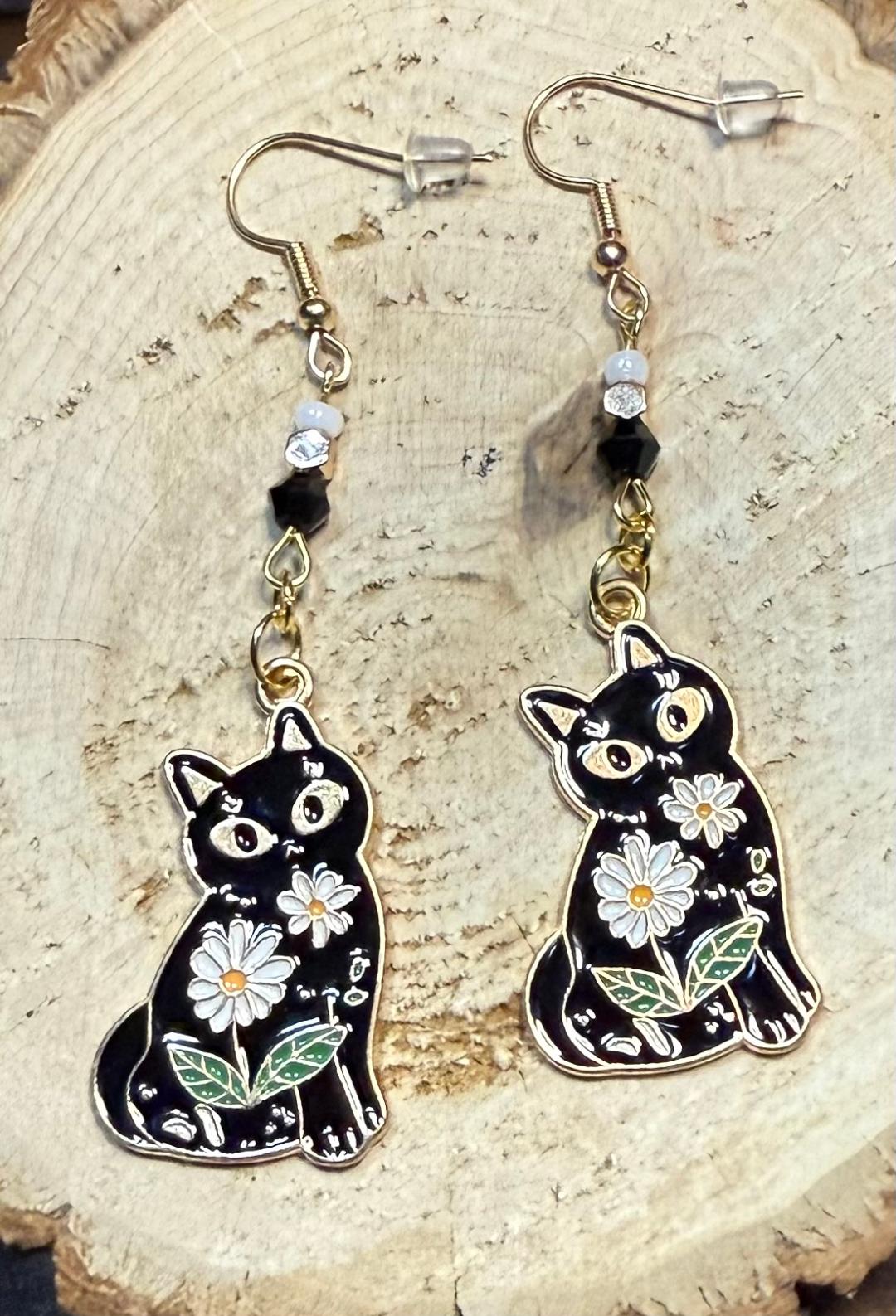 NEW Bohemian Style Enamel Black Cat Earrings w/ Beads