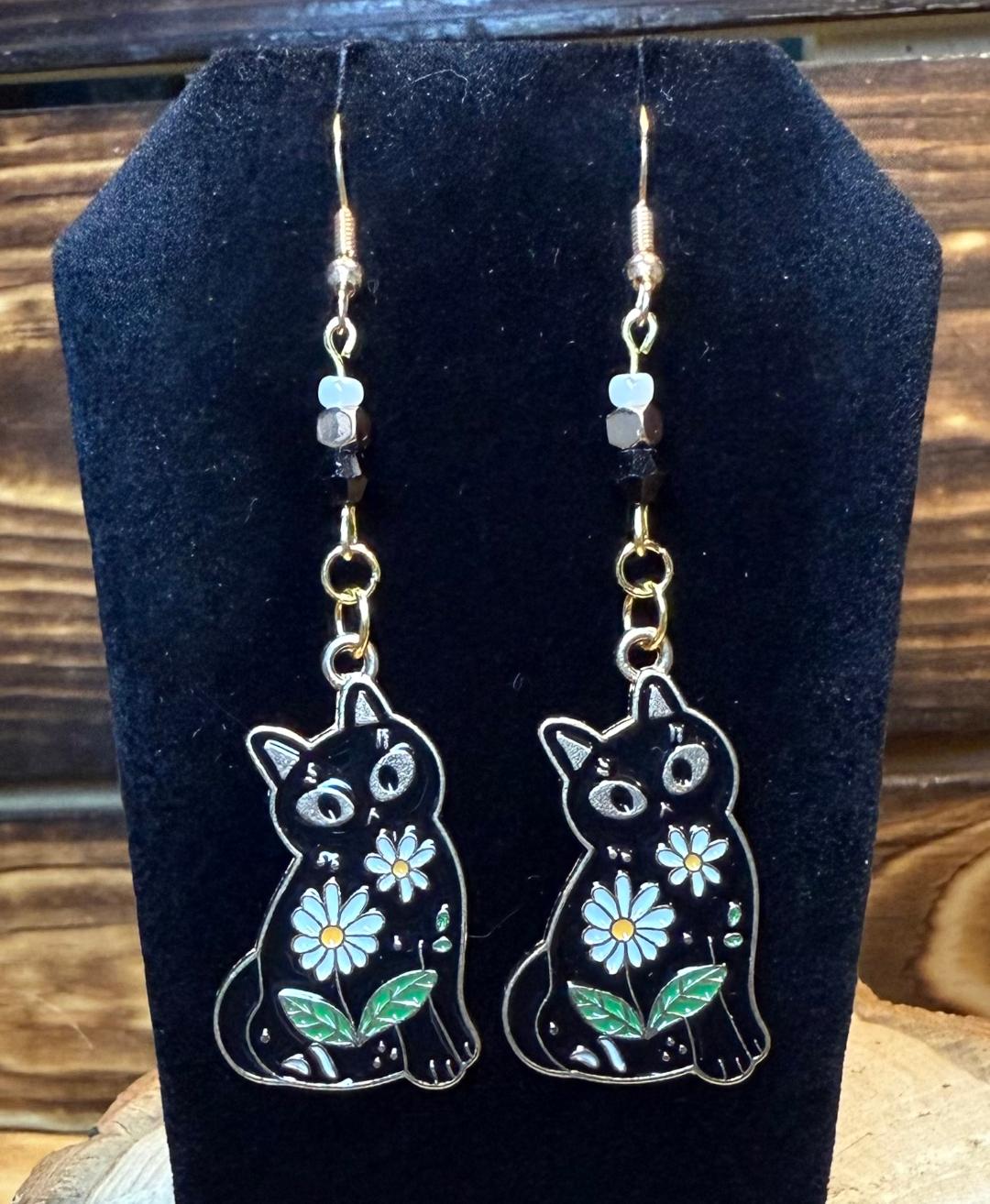 NEW Bohemian Style Enamel Black Cat Earrings w/ Beads