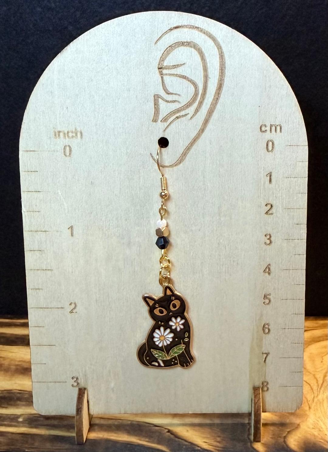 NEW Bohemian Style Enamel Black Cat Earrings w/ Beads