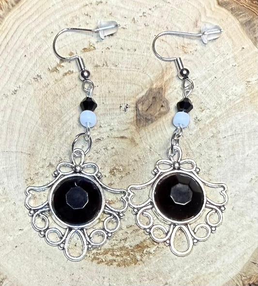 NEW Black Faceted Gem Center & Beaded Earrings in Filigree Setting